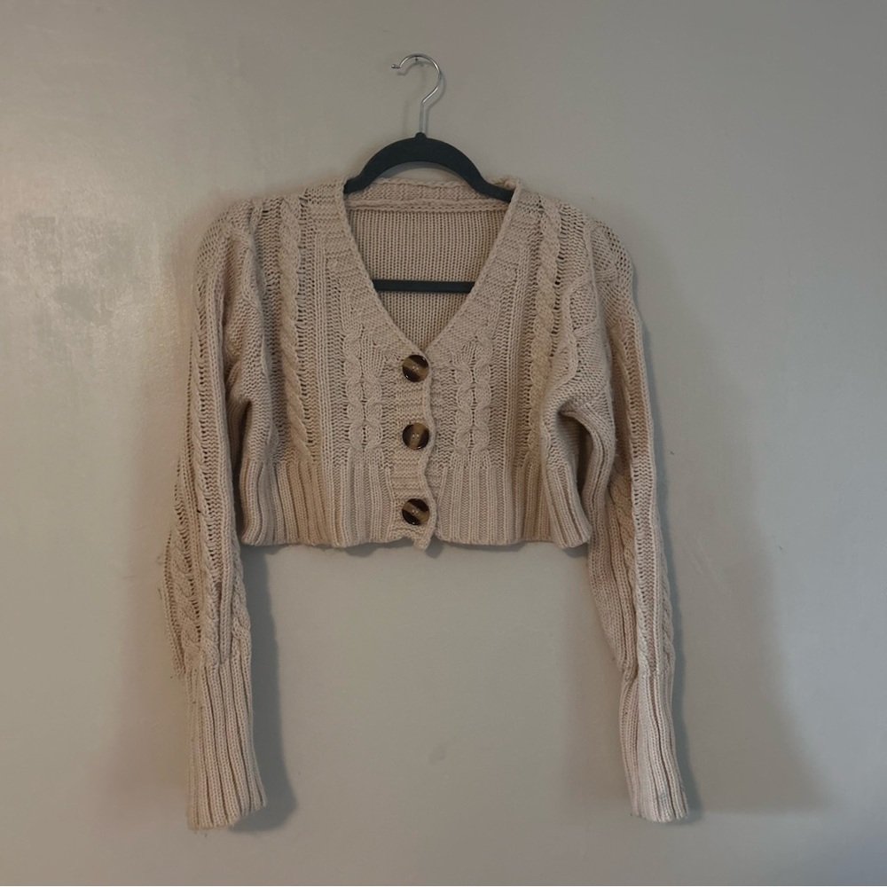 SHEIN Cream Cropped Cable Knit Button Cardigan